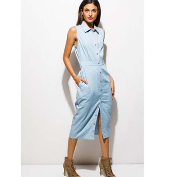 Chambray Sleeveless Denim Midi Dress - Picture 4 of 6